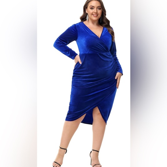 NWT Women’s Plus Royal Blue Long Sleeve V-Neck Wrap Velvet Cocktail Dress - Picture 3 of 12